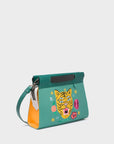 Vali Crossbody Small Deep Sea Green Leather Bag - Tiger and Flowers Embroidery