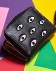 Frodo Black Leather Zip Around Wallet - Eyes Embroidery