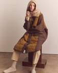 Patch quilted wool blend detachable fur collar coat