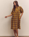 Wide shirring sleeve knee dress