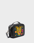 Verto Black Leather Crossbody Bag - Happy Tiger Embroidery