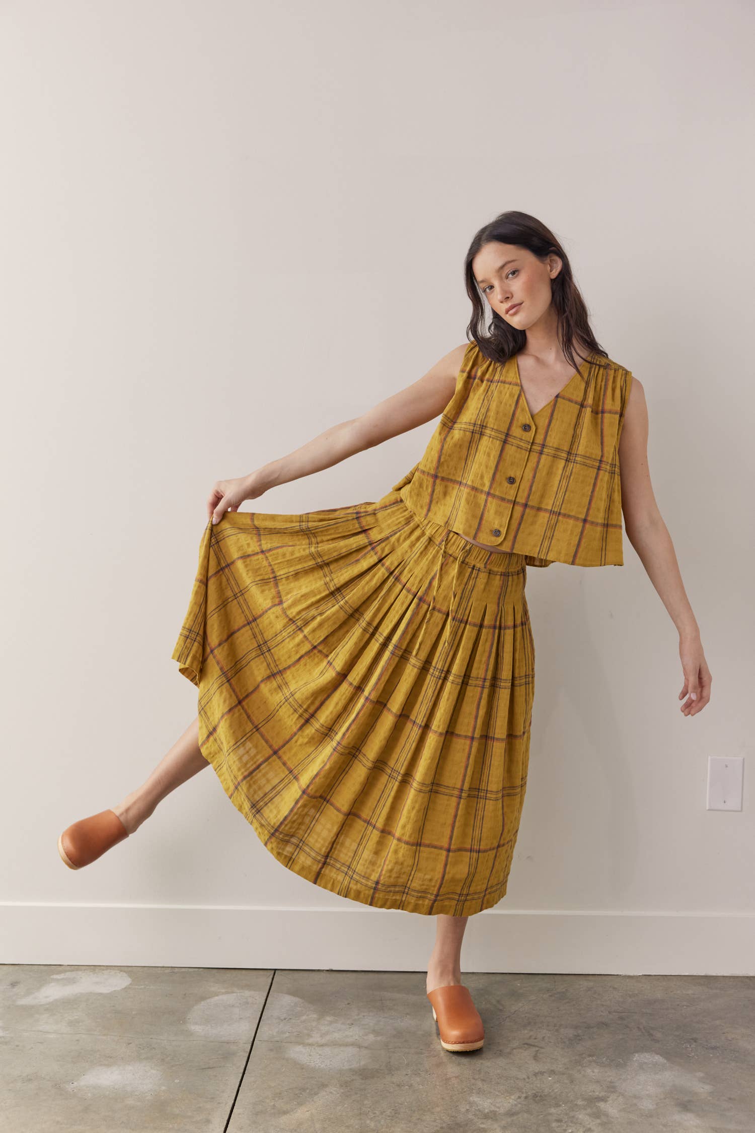 Drawstring cotton plaid skirts