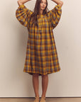 Wide shirring sleeve knee dress
