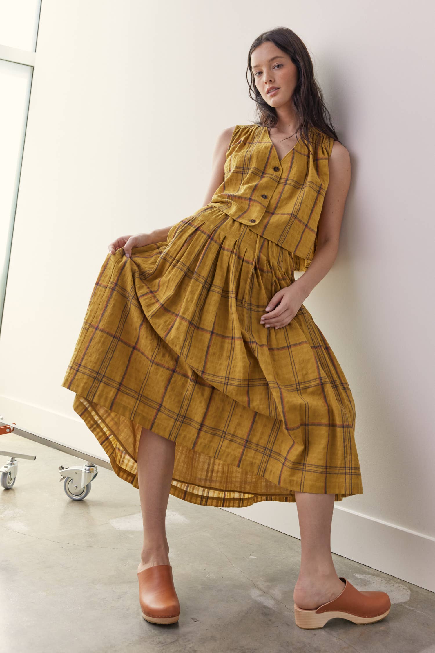 Drawstring cotton plaid skirts