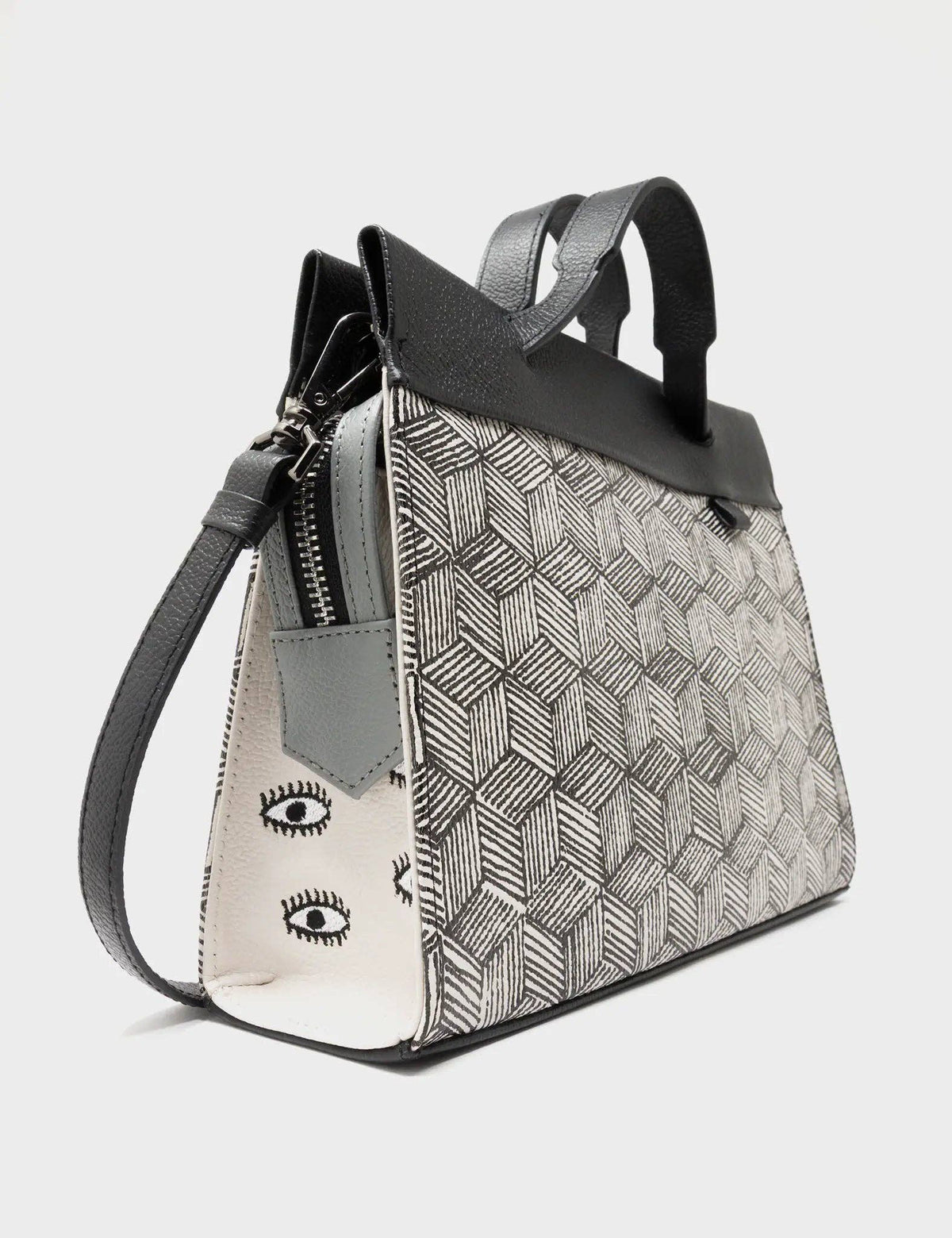 Vali Small Crossbody Moonwalk Gray Leather Bag - Cubes Print