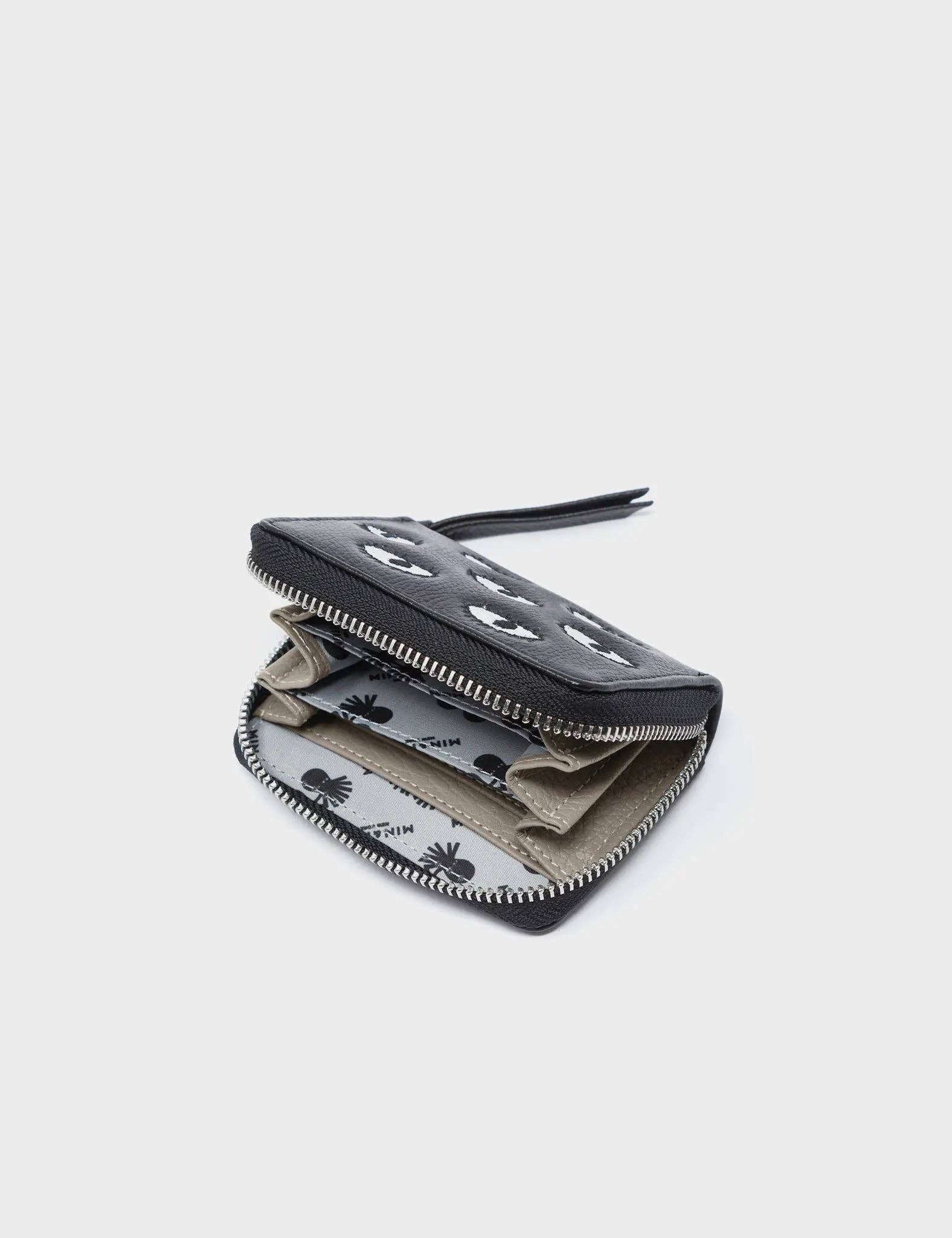 Frodo Black Leather Zip Around Wallet - Eyes Embroidery