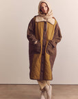 Patch quilted wool blend detachable fur collar coat