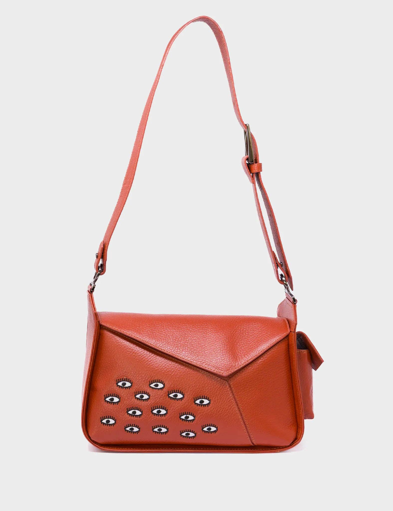 Houston Baked City Brown Leather Shoulder Bag - All Over Eyes Embroidery