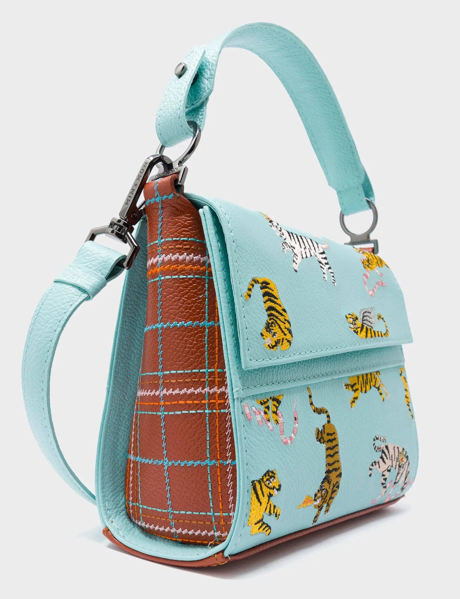 Anastasio Micro Crossbody Handbag Eggshell Blue Leather - Retro Tiger Embroidery