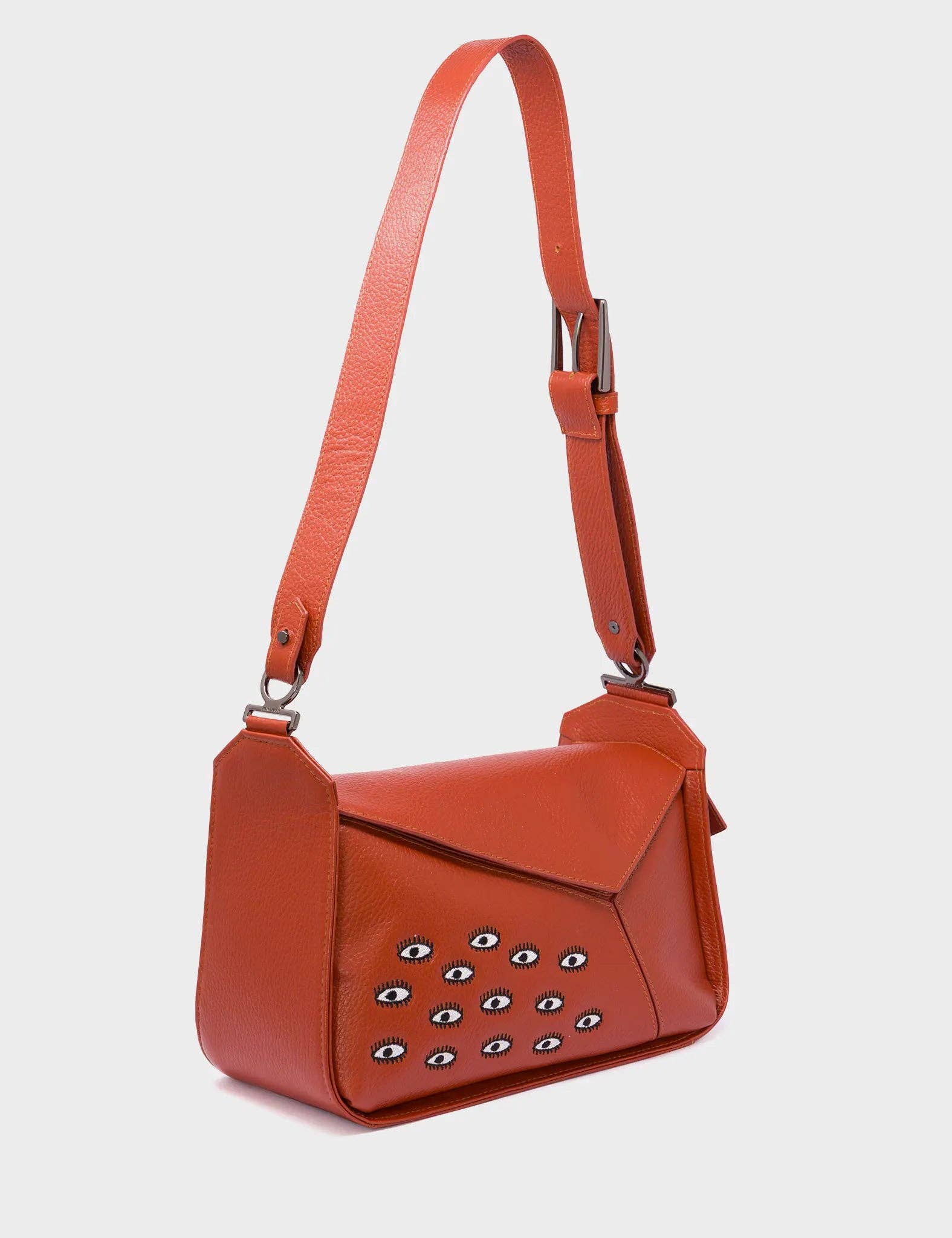 Houston Baked City Brown Leather Shoulder Bag - All Over Eyes Embroidery