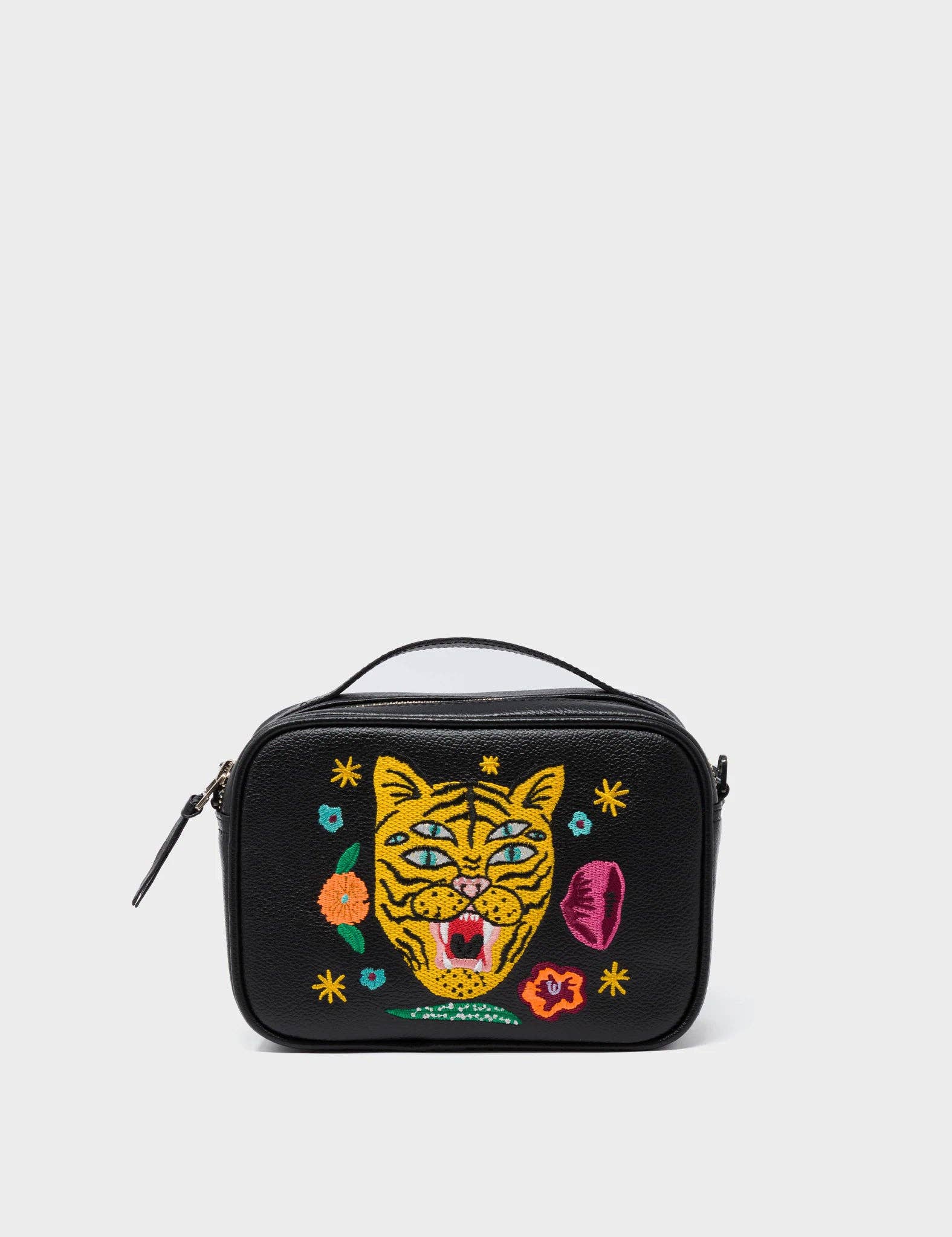 Verto Black Leather Crossbody Bag - Happy Tiger Embroidery