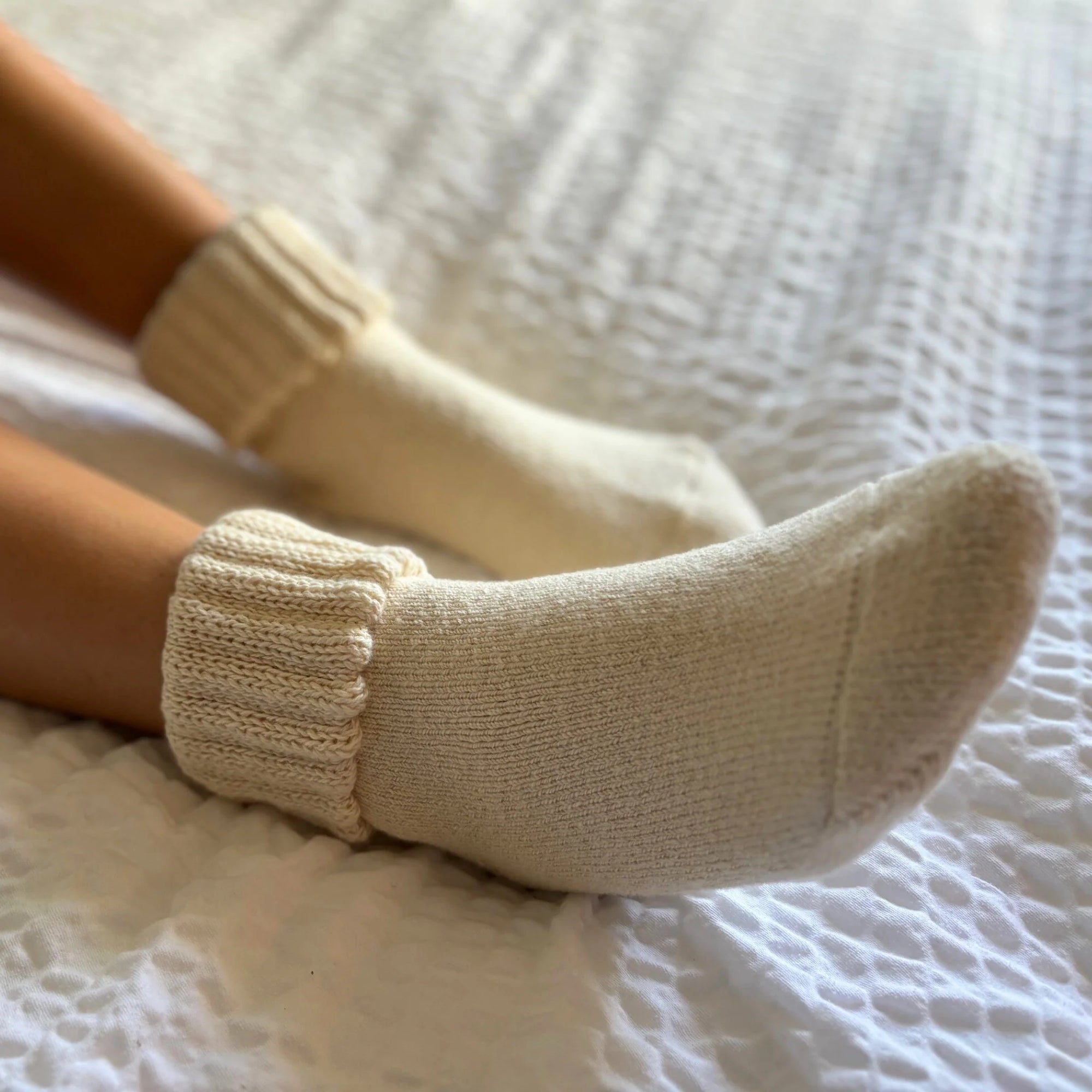 Airy Organic Cotton Ribbed Cuff Crew Socks - CREAM